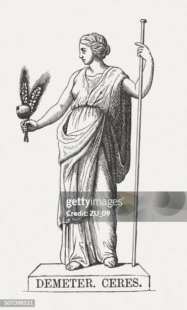 demeter, greek goddess, wood engraving, published in 1878 - demeter greek goddess stock illustrations