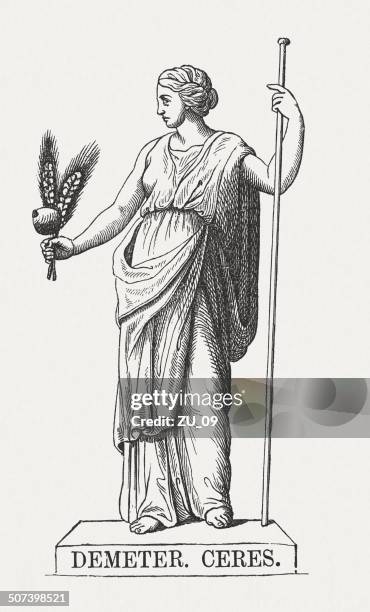 demeter, greek goddess, wood engraving, published in 1878 - greek goddess stock illustrations