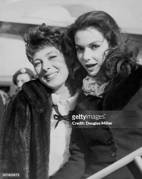 Actresses Rita Gam and Susan Strasberg, members if the New York City Centre Theatre Company, arriving at London Airport to appear on British...