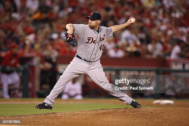 Phil Coke of the Detroit Tigers pitches during the game against the Los Angeles Angels at Angel Stadium on Saturday, July 26, 2014 in Anaheim,...