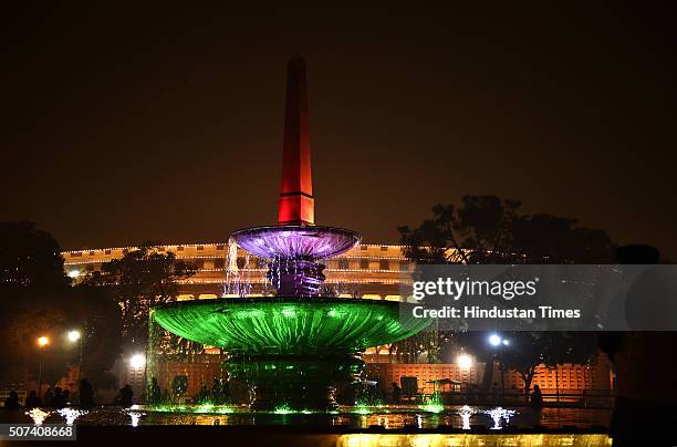 Illuminated Raisina hill after Beating Retreat ceremony, on January 29, 2016 in New Delhi, India. This year, 15 Military Bands, 18 Pipes and Drums...