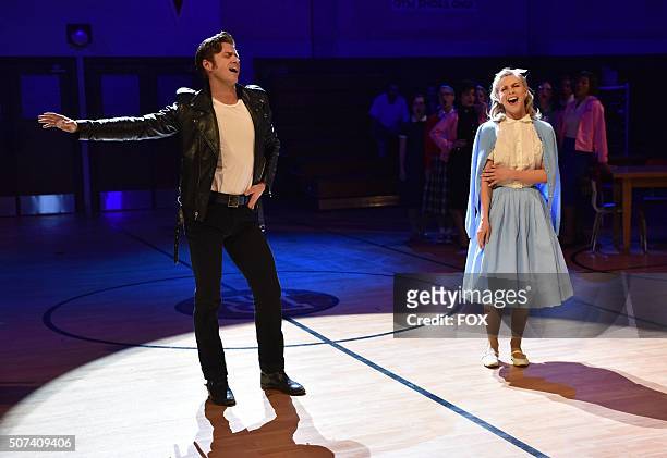 : Actors Aaron Tveit as 'Danny Zuko' and Julianne Hough as 'Sandy' during the dress rehearsal for GREASE: LIVE airing LIVE Sunday, Jan. 31 on FOX.