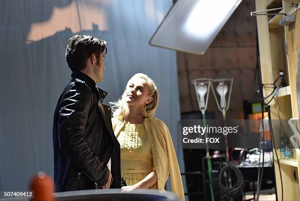 : Actors Aaron Tveit as 'Danny Zuko' and Julianne Hough as 'Sandy' behind the scenes during the dress rehearsal for GREASE: LIVE airing LIVE Sunday,...