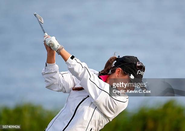 Ashlan Ramsey tees off the third hole during the second round of the Pure Silk Bahamas LPGA Classic at the Ocean Club Golf Course on January 29, 2016...