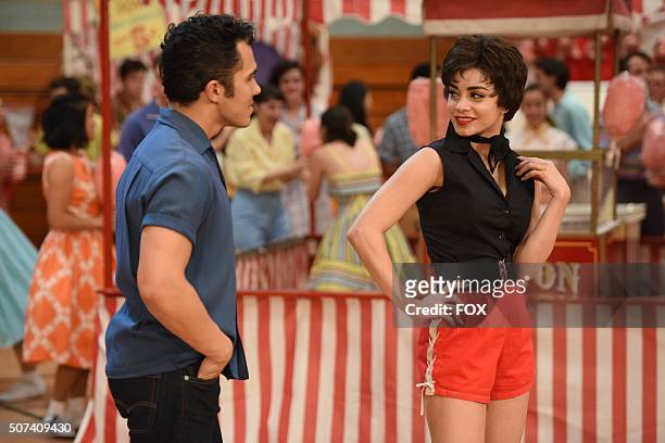 : Actors Carlos PenaVega as Kenickie and Vanessa Hudgens as 'Rizzo' during the dress rehearsal for GREASE: LIVE airing LIVE Sunday, Jan. 31 on FOX.