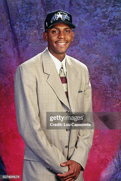Anfernee Hardaway poses for a portrait after he was selected number three overall by the Orlando Magic during the 1993 NBA Draft on June 30, 1993 at...