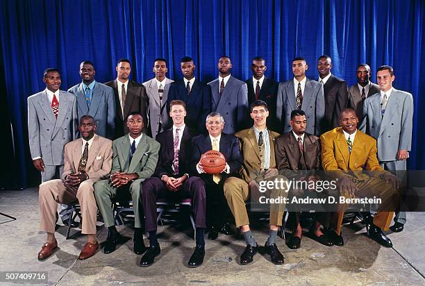 The 1993 NBA Draft Class poses for a photo during the 1993 NBA Draft on June 30, 1993 at the Palace of Auburn Hills in Auburn Hills, Michigan. NOTE...