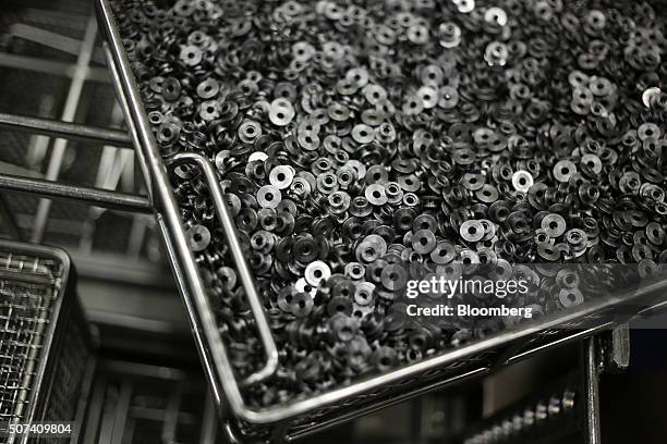 Machined metal components are seen before being packaged at the Cox Manufacturing Co. Facility in San Antonio, Texas, U.S., on Tuesday, Jan. 19,...