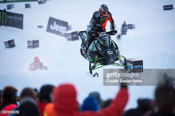 Tucker Hibbert races during the preliminary round of the snowmobile snocross event at Winter X Games 2016 Aspen at Buttermilk Mountain on January 28...