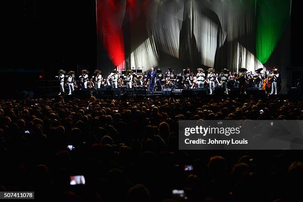 Placido Domingo and Mariachi Si Senor on stage perform with the support of the Miami Symphony Orchestra at American Airlines Arena on January 28,...