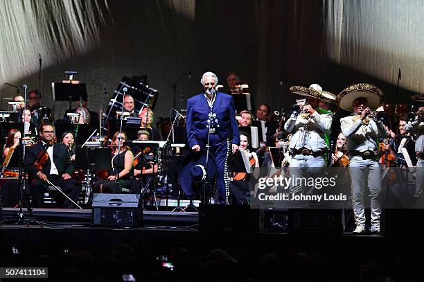 Placido Domingo and Mariachi Si Senor on stage perform with the support of the Miami Symphony Orchestra at American Airlines Arena on January 28,...