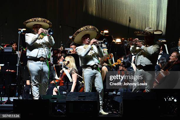 Mariachi Si Senor on stage perform with the support of the Miami Symphony Orchestra at American Airlines Arena on January 28, 2016 in Miami, Florida.