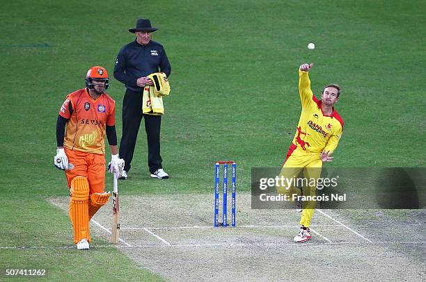 Nathan Hauritz of Sagittarius Strikers bowls with Jacob Oram of Virgo Super Kings during the Oxigen Masters Champions League 2016 match between Virgo...