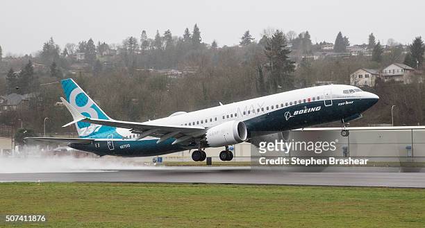 Boeing 737 MAX 8 airliner lifts off for its first flight on January 29, 2016 in Renton, Washington. The 737 MAX is the newest of Boeing's most...