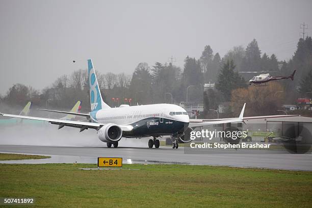 Boeing 737 MAX 8 airliner lifts off for its first flight on January 29, 2016 in Renton, Washington. The 737 MAX is the newest of Boeing's most...