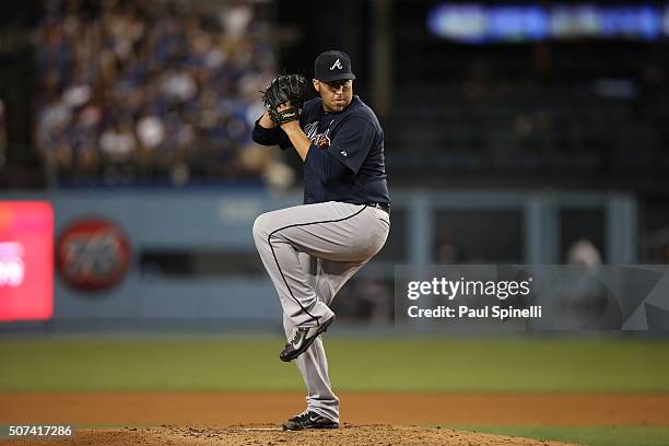 Aaron Harang of the Atlanta Braves pitches during the game against the Los Angeles Dodgers at Dodger Stadium on Tuesday, July 29, 2014 in Los...