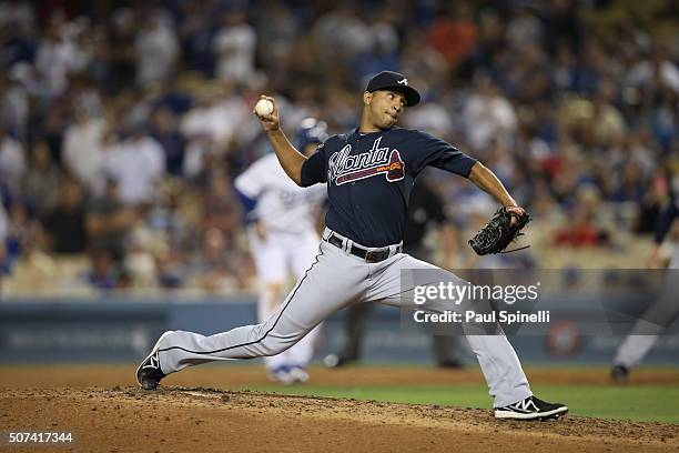 Anthony Varvaro of the Atlanta Braves pitches during the game against the Los Angeles Dodgers at Dodger Stadium on Tuesday, July 29, 2014 in Los...