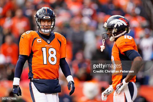 Quarterback Peyton Manning of the Denver Broncos during the AFC Championship game against the New England Patriots at Sports Authority Field at Mile...