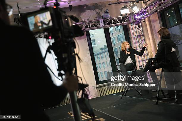 Actress Kim Cattrall speaks with Entertainment editorial director at AOL Donna Freydkin, at AOL Build Presents "Sensitive Skin" at AOL Studios In New...