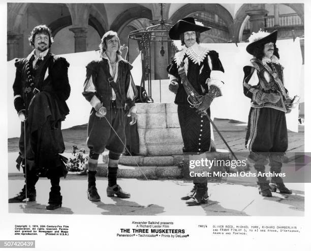 Oliver Reed, Michael York, Richard Chamberlain and Frank Finlay in a scene from the movie "The Three Musketeers" , circa 1974.