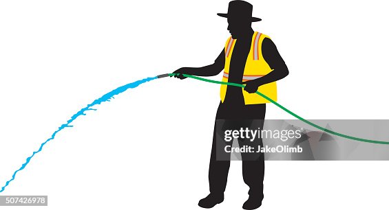 Construction Worker Using Hose Silhouette Construction Worker Using Hose Silhouette