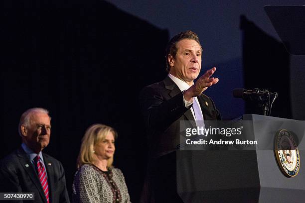 New York Governor Andrew Cuomo speaks at a rally for paid family leave on January 29, 2016 in New York City. The rally was attended by many union...