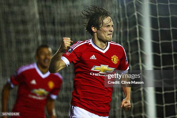 Daley Blind of Manchester United celebrates as he scores their second goal during the Emirates FA Cup fourth round match between Derby County and...