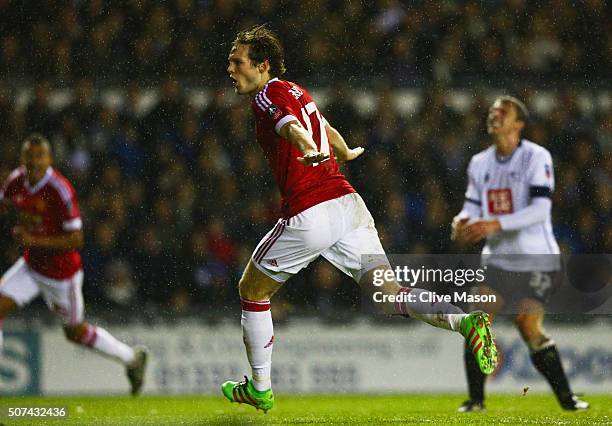 Daley Blind of Manchester United celebrates as he scores their second goal during the Emirates FA Cup fourth round match between Derby County and...