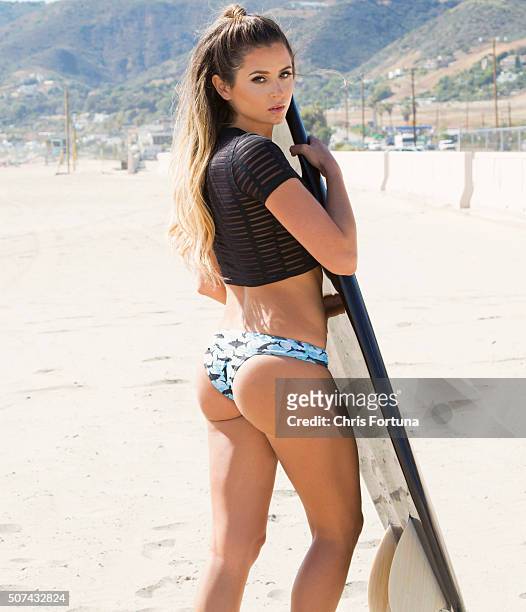 Professional surfer Anastasia Ashley is photographed for FHM Magazine on April 14, 2015 in Malibu, California.