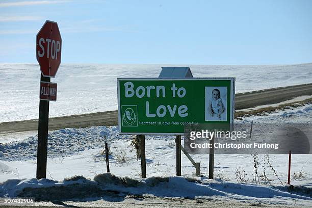 Pro-life campaign poster sits in the vast grand plains of Iowa on January 29, 2016 in Carrol County, Iowa. Candidates who are seeking the nominations...