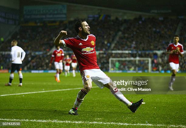 Juan Mata of Manchester United celebrates as he scores their third goal during the Emirates FA Cup fourth round match between Derby County and...