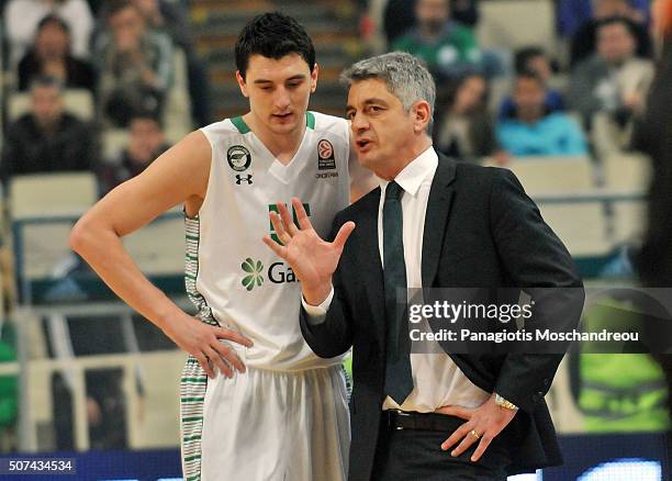 Oktay Mahmuti, Head Coach of Darussafaka Dogus Istanbul gives directions to his player Emir Preldzic, #55 during the Turkish Airlines Euroleague...