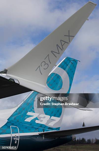 The tail and a next generation winglet of a A Boeing 737 MAX 8 are pictured at Boeing Field after its its first flight on January 29, 2016 in...