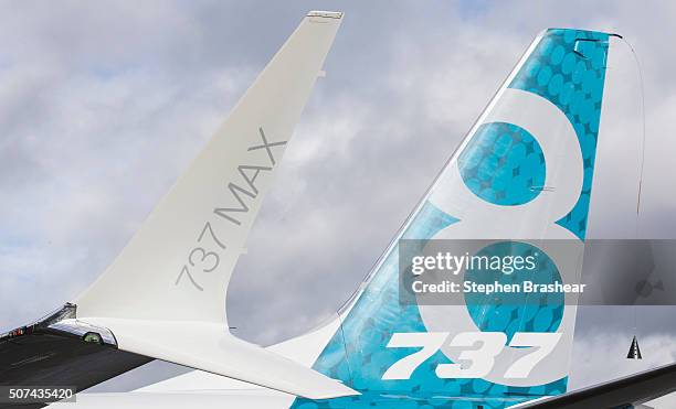 The tail and a next generation winglet of a A Boeing 737 MAX 8 are pictured at Boeing Field after its its first flight on January 29, 2016 in...