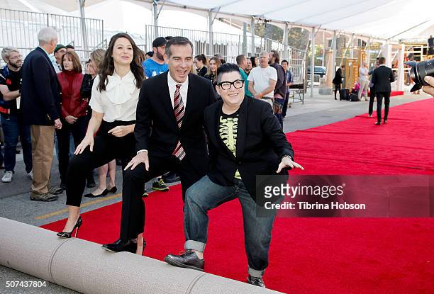 Katie Lowes, Mayor Eric Garcetti and Lea DeLaria attend The 22nd Annual Screen Actors Guild Awards Red Carpet Roll-Out at The Shrine Expo Hall on...