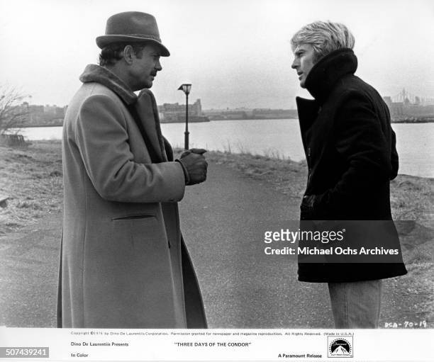 Robert Redford a CIA agent demands information from Cliff Robertson in a scene from the Paramount Pictures movie "Three Days of the Condor", circa...