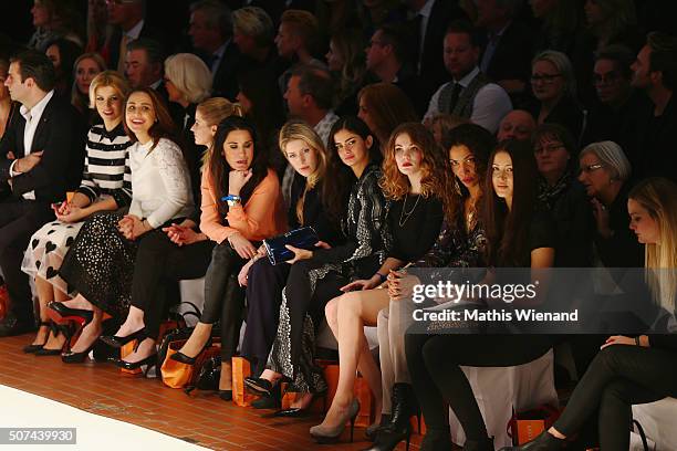 Annica Hansen, Nina Mohaddam, Mariella Ahrens, Guest, Shermine Shahrivan, Amelie Klever and Annabelle Mandeng attend the Breuninger show during...