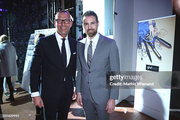 Andreas Rebbelmund and Christoph Metzelder the Breuninger show during Platform Fashion January 2016 at Areal Boehler on January 29, 2016 in...