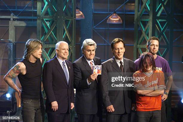 Episode 2331 -- Pictured: Singer John Rzeznik, senator John McCain, host Jay Leno, actor James Woods, bassist Robby Takac, and musician Mike Malinin...