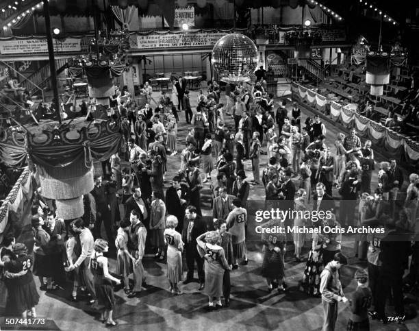 An overhead view as partners dance in the dance marathon in a scene from the movie "They Shoot Horses, Don't They?" , circa 1969.