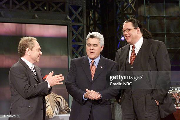 Episode 2337 -- Pictured: Magician Raymond Joseph Teller, host Jay Leno and magician Penn Jillette during magic show on September 19, 2002 --