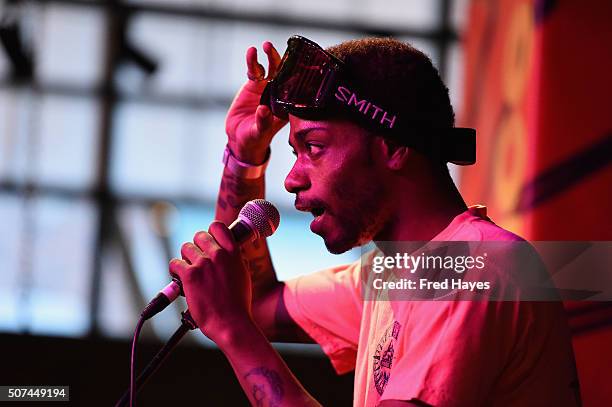 Rapper Keith Stanfield performs at the ASCAP Music Cafe during the 2016 Sundance Film Festival at Sundance ASCAP Music Cafe on January 29, 2016 in...