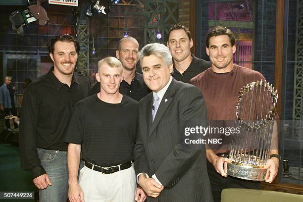 Episode 2359 -- Pictured: Athletes Scott Spiezio, Troy Percival, John Lackey, David Eckstein, host Jay Leno, and Tim Salmon on October 28, 2002 --