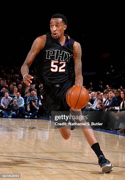 Jordan McRae of the Phoenix Suns handles the ball against the New York Knicks on January 29, 2016 at Madison Square Garden in New York City, New...