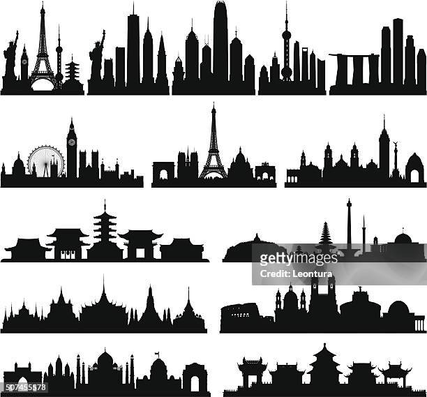 highly detailed skylines (complete, moveable buildings) - international landmark stock illustrations