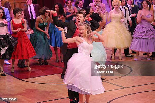 Aaron Tveit as 'Danny Zuko and Julianne Hough as 'Sandy' rehearse for GREASE: LIVE airing LIVE Sunday, Jan. 31 on FOX.