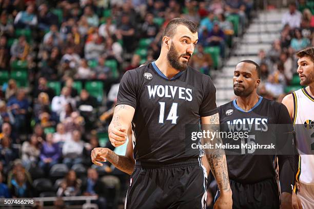 Nikola Pekovic of the Minnesota Timberwolves is seen during the game against the Utah Jazz on January 29, 2016 at vivint.SmartHome Arena in Salt Lake...