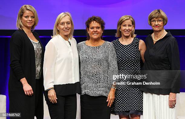 Kim Clijsters, Martina Navratilova, Evonne Goolagong-Cawley, Chris Evert and Margaret Court pose at the Legends Lunch during day thirteen of the 2016...