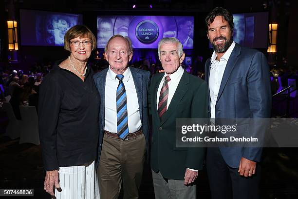 Margaret Court, Rod Laver, Ken Rosewall and Pat Rafter pose at the Legends Lunch during day thirteen of the 2016 Australian Open at Melbourne Park on...