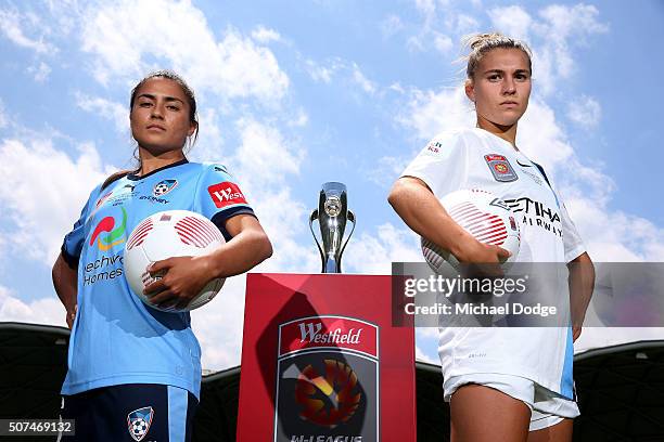 Sydney FC captain Teresa Polias and Melbourne City FC captain Steph Catley pose during a W-League Grand Final media opportunity at AAMI Park on...